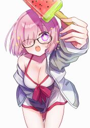 Rule 34 | 1girl, :o, absurdres, breasts, closed mouth, collarbone, dress, fate/grand order, fate (series), food, glasses, grey jacket, hair over one eye, harukappa, highres, holding, holding food, holding popsicle, jacket, large breasts, mash kyrielight, mash kyrielight (swimsuit of perpetual summer), pink hair, popsicle, purple eyes, short hair, simple background, single bare shoulder, solo, sparkling eyes, star-shaped pupils, star (symbol), swimsuit, symbol-shaped pupils, teeth, thighs, upper teeth only, watermelon bar, white background, white dress