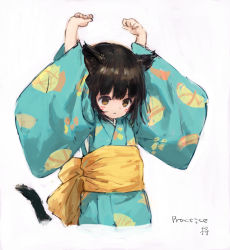 Rule 34 | 1girl, animal ears, arms up, black hair, blue kimono, brown eyes, cat ears, cat girl, cat tail, cropped torso, eyebrows hidden by hair, facial mark, hair between eyes, highres, japanese clothes, kimono, long sleeves, looking away, obi, original, parted lips, print kimono, sash, sho (sho lwlw), short hair, solo, tail, tail raised, upper body, whisker markings, wide sleeves