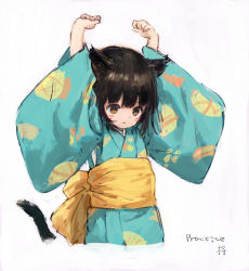 1girl animal_ears arms_up black_hair blue_kimono brown_eyes cat_ears cat_girl cat_tail cropped_torso eyebrows_hidden_by_hair facial_mark hair_between_eyes highres japanese_clothes kimono long_sleeves looking_away obi original parted_lips print_kimono sash sho_(sho_lwlw) short_hair solo tail tail_raised upper_body whisker_markings wide_sleeves