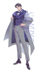 Rule 34 | 1boy, black footwear, black socks, blue bow, blue bowtie, blue eyes, bow, bowtie, buttons, closed mouth, coat, commentary, dress shirt, full body, grey pants, handsomedao, highres, jojo no kimyou na bouken, jonathan joestar, long coat, long sleeves, male focus, open clothes, open coat, pants, phantom blood, scarf, shirt, shoes, short hair, simple background, smile, socks, solo, symbol-only commentary, vest, white background