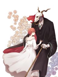 Rule 34 | 1boy, 1girl,  dress, animal skull, artist name, black pants, cane, dress, elias ainsworth, flower, green eyes, hair between eyes, hand on another&#039;s shoulder, hatori chise, highres, horns, jewelry, mahou tsukai no yome, necklace, pants, red hair, schally+, short hair, standing, vest