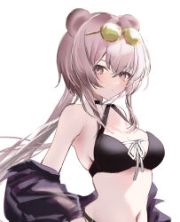 Rule 34 | 1girl, animal ears, arknights, bare shoulders, bikini, black bikini, black choker, choker, commentary request, highres, lin (arknights), long hair, looking at viewer, mouse ears, navel, off shoulder, official alternate costume, pink eyes, pink hair, raramente, simple background, solo, stomach, swimsuit, upper body, very long hair, white background