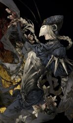 Rule 34 | 1girl, armor, black background, blonde hair, blue robe, braid, braided ponytail, breastplate, chain, closed mouth, commentary, dark souls (series), dark souls i, english commentary, floating hair, flower, helmet, highres, lily (flower), long hair, lord&#039;s blade ciaran, mask, megasus, profile, robe, simple background, single braid, solo, spikes, white flower