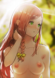 Rule 34 | 1girl, absurdres, adjusting hair, backlighting, bloom, blurry, blurry background, blush, bow, braid, breasts, closed mouth, collarbone, female focus, green eyes, hair bow, hair ribbon, hand in own hair, highres, light frown, light rays, long hair, medium breasts, nipples, nude, okuto, original, red hair, ribbon, single braid, solo, sun, sunbeam, sunlight, swept bangs, topless frame, upper body, yellow bow