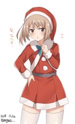 Rule 34 | 1girl, alternate costume, belt, brown eyes, brown hair, commentary request, dated, dress, hand on own hip, hat, kantai collection, light brown hair, long sleeves, looking at viewer, meguru (megurunn), michishio (kancolle), one-hour drawing challenge, red dress, santa hat, short hair, simple background, solo, thighhighs, translation request, twitter username, white background, white thighhighs, yellow eyes