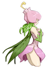Rule 34 | 1girl, bare shoulders, closed eyes, closed mouth, cowboy shot, cropped legs, detached sleeves, digimon, digimon (creature), dress, from side, hands on own chest, hands up, lilimon, long sleeves, materclaws, monster girl, pink dress, plant girl, simple background, solo, tentacle hair, white background, wings