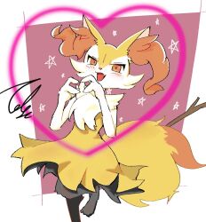 Rule 34 | 1girl, animal ear fluff, animal ears, animal hands, animal nose, artist name, black fur, blush, body fur, border, braixen, creatures (company), fang, female focus, flat chest, fox ears, fox girl, fox tail, furry, furry female, game freak, gen 6 pokemon, hands up, happy, heart, heart hands, leg up, looking at viewer, multicolored fur, neck fur, nintendo, open mouth, outside border, pokemon, pokemon (creature), purple background, red eyes, signature, smile, solo, standing, standing on one leg, star (symbol), stick, tail, tale (b8codomu), white border, white fur, yellow fur
