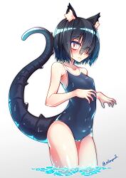 Rule 34 | 1girl, animal ear fluff, animal ears, black hair, black one-piece swimsuit, blue hair, cameltoe, cat ears, cleft of venus, closed mouth, cowboy shot, gradient background, gradient hair, grey background, hair over one eye, hands up, highres, lizard tail, looking at viewer, mikagura, multicolored hair, one-piece swimsuit, original, red eyes, short hair, solo, standing, swimsuit, tail, wading, water, white background