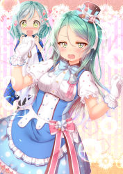 Rule 34 | + +, 2girls, :d, aqua hair, bang dream!, blue neckwear, blush, bow, bowtie, braid, bubble background, buttons, center frills, commentary request, double-breasted, dress, food, frilled gloves, frills, gloves, green eyes, hands up, hat, hat ornament, hat ribbon, heart, highres, hikawa hina, hikawa sayo, long hair, looking at viewer, macaron, medium hair, multiple girls, nose blush, open mouth, ribbon, ribbon-trimmed gloves, ribbon trim, roron (r0r0r0r0 n), siblings, side braids, sisters, smile, sparkle, striped, striped background, top hat, twins, vertical stripes, white gloves, white ribbon