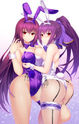 Rule 34 | 2girls, animal ears, ass, bare shoulders, blush, bow, bowtie, grabbing another&#039;s breast, breast press, breasts, bridal garter, cleavage, closed mouth, detached collar, dual persona, emanon123, fake animal ears, fate/grand order, fate (series), fishnet legwear, fishnets, flower, grabbing, gradient background, hair ribbon, hairband, highleg, highleg leotard, highres, large breasts, leotard, long hair, looking at viewer, multiple girls, official alternate costume, pantyhose, parted lips, playboy bunny, ponytail, purple hair, purple leotard, purple ribbon, rabbit ears, rabbit tail, red eyes, ribbon, rose, scathach (fate), scathach (piercing bunny) (fate), scathach skadi (fate), smile, tail, thighs, white leotard, wrist cuffs
