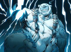Rule 34 | 1boy, abs, animal ears, bara, bear boy, bear ears, braid, bulge, chest hair, completely nude, fighting stance, fluffy, furry, furry male, gamubear, glowing, glowing eye, large pectorals, league of legends, lightning, long hair, male focus, muscular, muscular male, navel, navel hair, nipples, nude, pectorals, solo, stomach, twin braids, volibear, white fur
