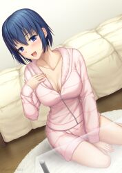 Rule 34 | 1girl, bed, blue eyes, blue hair, blush, breasts, ciel (tsukihime), cleavage, collarbone, commentary request, dated, glass table, hair between eyes, indoors, long sleeves, looking at viewer, medium breasts, mixed-language commentary, miyai sen, official alternate costume, on floor, open mouth, pajamas, pink pajamas, short hair, sitting, smile, solo, sweat, table, tsukihime, tsukihime (remake)