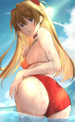 Rule 34 | 1girl, absurdres, artist request, ass, ass focus, ass grab, bikini, blue eyes, blue sky, breasts, brown hair, cleavage, grabbing own ass, highres, legs, lips, long hair, looking back, medium breasts, neon genesis evangelion, ocean, red bikini, shiny skin, sky, solo, souryuu asuka langley, swimsuit, thighs, tongue, tongue out, two side up, water