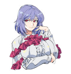 Rule 34 | 1girl, breasts, capelet, closed mouth, cropped torso, frills, grey shirt, hand up, highres, large breasts, long sleeves, looking at viewer, nagae iku, no headwear, no headwear, purple hair, red eyes, ruukii drift, shirt, simple background, smile, solo, touhou, upper body, white background, white capelet