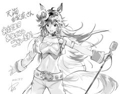 Rule 34 | 1girl, :d, ahoge, animal ears, breasts, commentary request, cowboy shot, dated, greyscale, hair between eyes, hair ornament, hairclip, hat, highres, horse ears, jacket, long hair, long sleeves, looking at viewer, matsuda (matsukichi), medium breasts, midriff, mini hat, mini top hat, monochrome, mr. c.b. (umamusume), navel, open clothes, open jacket, open mouth, pants, partial commentary, shirt, simple background, single sleeve, smile, solo, standing, stomach, strapless, strapless shirt, top hat, translation request, umamusume, white background