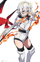 Rule 34 | 1girl, absurdres, belt, black belt, black thighhighs, bruise, bruise on face, dated, elbow gloves, eye mask, fire, gloves, grey hair, hair between eyes, highres, holding, holding sword, holding weapon, injury, leotard, red eyes, short hair, shy (character), shy (series), simple background, solo, standing, sword, takatisakana, thighhighs, weapon, white background, white gloves, white leotard