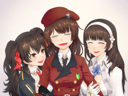 Rule 34 | 3girls, artist request, beret, black hair, chinese commentary, closed eyes, coat, commentary request, drooling, female commander (girls&#039; frontline), fingerless gloves, girl sandwich, girls&#039; frontline, gloves, griffin &amp; kryuger military uniform, hair ribbon, hairband, hat, highres, long hair, multiple girls, necktie, ribbon, sandwiched, twintails, type 95 (girls&#039; frontline), type 97 (girls&#039; frontline), yuri