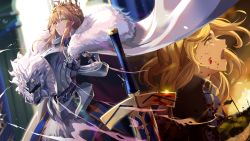 Rule 34 | 1girl, armor, armored dress, artoria pendragon (all), artoria pendragon (fate), artoria pendragon (lancer) (fate), artoria pendragon (lancer) (first ascension) (fate), blonde hair, blood, blood on face, blue eyes, braid, cape, commentary, crown, crown braid, crying, crying with eyes open, english commentary, excalibur (fate/stay night), fate/grand order, fate (series), field of blades, from side, fur-trimmed cape, fur trim, gauntlets, green eyes, hair between eyes, helmet, highres, holding, holding helmet, lion king (lancer) (fate), mixed-language commentary, niac, open mouth, saber (fate), sidelocks, tears