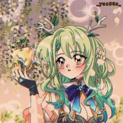 Rule 34 | 1990s (style), 1girl, antlers, apple, blue gemstone, blush, braid, braided bangs, branch, bridal gauntlets, brooch, ceres fauna, cleavage cutout, clothing cutout, dress, film grain, flower, foliage, food, fruit, gem, gloves, golden apple, green hair, green nails, hair flower, hair ornament, hololive, hololive english, horns, jewelry, leaf, lens flare, long hair, nail polish, petals, retro artstyle, ribbon, solo, virtual youtuber, yellow eyes, yua90s
