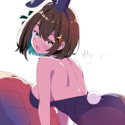 Rule 34 | 1girl, absurdres, animal ears, arched back, back, bare back, bare shoulders, black leotard, black pantyhose, breasts, commentary, detached collar, fake animal ears, fake tail, from behind, from side, highleg, highleg leotard, highres, idol corp, large breasts, leotard, looking at viewer, looking back, medium hair, pantyhose, playboy bunny, rabbit ears, rabbit tail, rojogarnina, side-tie leotard, signature, simple background, spanish commentary, strapless, strapless leotard, tail, virtual youtuber, white background