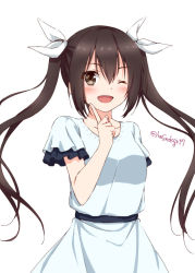 Rule 34 | 1girl, ;d, alternate costume, arm behind back, bad id, bad pixiv id, blush, brown eyes, brown hair, casual, dress, frilled sleeves, frills, hair between eyes, hair ribbon, hand up, hoshino kagari, index finger raised, kantai collection, layered sleeves, long hair, one eye closed, open mouth, ribbon, short sleeves, simple background, smile, solo, tone (kancolle), twintails, twitter username, white background, white dress, white ribbon