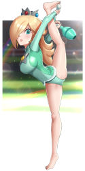 Rule 34 | 1girl, adapted costume, bare legs, barefoot, blonde hair, blue eyes, breasts, club (weapon), covered navel, crown, feet, flexible, full body, gonzarez, hair over one eye, highres, lips, long hair, long sleeves, looking at viewer, mario &amp; sonic at the olympic games, mario &amp; sonic at the rio 2016 olympic games, mario (series), nintendo, object request, rosalina, solo, split, standing, standing on one leg, standing split, star (symbol), super mario galaxy, swimsuit, weapon