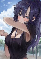 Rule 34 | 1girl, armpits, black tank top, blue archive, blue eyes, blush, breasts, cleavage, cloud, highres, large breasts, long hair, looking at viewer, outdoors, ponytail, purple hair, saya (mychristian2), solo, sweat, tank top, upper body, very long hair, yuuka (blue archive)