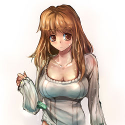 Rule 34 | blush, breasts, brown eyes, brown hair, cleavage, clothes pin, large breasts, long hair, solo, suoni (deeperocean), wet, wet clothes
