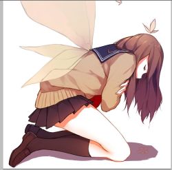 Rule 34 | 1girl, beige sweater, beige wings, black skirt, black socks, blue sailor collar, brown footwear, brown hair, bug, butterfly, butterfly wings, caidychen, closed eyes, commentary request, fetal position, from behind, from side, full body, insect, insect wings, kneehighs, kneeling, loafers, long hair, original, pleated skirt, profile, sailor collar, school uniform, self hug, serafuku, shoes, simple background, skirt, socks, solo, sweater, white background, wings