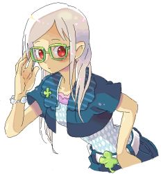 Rule 34 | 1girl, albino, argyle, bad id, bad pixiv id, belt, bent over, bracelet, capelet, clover, crop top, dosanko, four-leaf clover, glasses, green-framed eyewear, jewelry, lapel pin, leaning forward, original, pin, red eyes, solo, white hair
