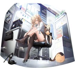Rule 34 | 1girl, :o, absurdres, adjusting clothes, adjusting legwear, analog clock, azur lane, bag, black footwear, black thighhighs, blonde hair, blue eyes, breasts, cabinet, calendar (object), chair, cleavage, clock, coffee cup, collared shirt, computer, cup, desk, disposable cup, english text, feet, file cabinet, gorizia (azur lane), gorizia (unrequited office love?) (azur lane), hair between eyes, high heels, highres, id card, indoors, lanyard, large breasts, long hair, manjuu (azur lane), medium breasts, mole, mole on thigh, monitor, namyo, non-web source, official alternate costume, official art, patent heels, plaid, plaid skirt, poster (object), pumps, shirt, shoes, sitting, skirt, solo, sticky note, stiletto heels, thighhighs, thighs, trash can, twintails, very long hair, white shirt
