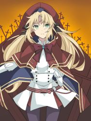 Rule 34 | 1girl, artoria caster (fate), artoria caster (fate) (cosplay), artoria caster (second ascension) (fate), artoria pendragon (fate), belt, beret, blonde hair, bokujoumonogatari-futago, bow, buttons, cape, capelet, closed mouth, cosplay, cowboy shot, double-breasted, fate/grand order, fate (series), frown, gem, gloves, gradient background, green eyes, hat, holding, holding staff, jacket, long hair, long sleeves, looking at viewer, mordred (fate), mordred (fate/apocrypha), o-ring, orange background, outdoors, red bow, red cape, red hat, ribbon, shirt, skirt, solo, staff, standing, white jacket