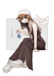 Rule 34 | 1girl, absurdres, azumaya toushirou, bangle, bare arms, baseball cap, beer can, bracelet, brown dress, brown hair, can, detached wings, dress, drink can, earrings, full body, hat, highres, holding, holding can, jewelry, long hair, looking at viewer, open mouth, original, outside border, shoes, sitting, sleeveless, sleeveless dress, smile, sneakers, solo, white footwear, wings, yellow eyes