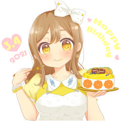 Rule 34 | 1girl, 2021, absurdres, artist name, artist request, blush, bow, bracelet, breasts, brown eyes, brown hair, cake, collarbone, collared dress, curly hair, dated, dress, female focus, flower, flower bracelet, flower print, food, fork, goodnight everyone!, goodnight everyone (love live!), hair between eyes, hair bow, heart, highres, holding, holding fork, holding plate, jewelry, kunikida hanamaru, light brown hair, long hair, looking at viewer, love live!, love live! school idol festival, love live! sunshine!!, medium breasts, oyasumina-san!, oyasumina-san (love live!), parted lips, plaid, plaid dress, plate, pleated, pleated dress, puffy short sleeves, puffy sleeves, short sleeves, smile, solo, star (symbol), star print, upper body, white background, white bow, wing collar, yellow dress, yellow eyes, yellow flower