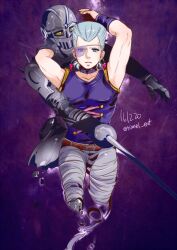 Rule 34 | 1boy, 1other, amputee, bandaged leg, bandages, blue eyes, commentary request, dated, earrings, eyepatch, flattop, grey hair, holding, holding sword, holding weapon, jean pierre polnareff, jewelry, jojo no kimyou na bouken, korean commentary, male focus, missing limb, rapier, silver chariot, stand (jojo), sword, tianel ent, toned, toned male, twitter username, vento aureo, weapon