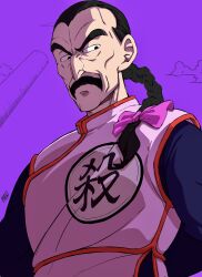 Rule 34 | 1boy, absurdres, bow, braid, chinese clothes, commentary request, dragon ball, dragon ball (classic), facial hair, hair bow, highres, liedein, long hair, male focus, mustache, pink bow, purple background, single braid, solo, tao pai pai, upper body, v-shaped eyebrows