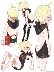 Rule 34 | 1boy, adapted costume, ass, backless dress, backless outfit, bad id, bad pixiv id, bare back, black sweater, blonde hair, blush, butt crack, creatures (company), crossdressing, dress, game freak, gladion (pokemon), green eyes, hair over one eye, halterneck, koutetsu (fe steel stone), male focus, meme attire, multiple views, naked sweater, nintendo, no male underwear, pokemon, pokemon sm, short hair, sweater, sweater dress, turtleneck, turtleneck sweater, virgin killer sweater