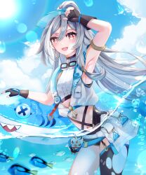 1girl :d absurdres armpits black_gloves black_hair black_thighhighs blue_sky cloud cloudy_sky earrings ec44gp4lflmi1wz fingerless_gloves fish fu_hua fu_hua_(herrscher_of_sentience) fu_hua_(ooh!_summer!)_(herrscher_of_sentience) gloves goggles goggles_around_neck highres honkai_(series) honkai_impact_3rd ikea_shark jewelry jingwei_(bird) long_hair navel open_mouth outdoors red_eyes single_earring single_thighhigh sky smile solo stuffed_animal stuffed_shark stuffed_toy swimsuit thighhighs very_long_hair visor_cap water