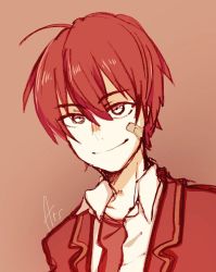 Rule 34 | 1boy, arsloid, bandaid, bandaid on face, character name, highres, male focus, mi no take, monochrome, necktie, red background, red hair, school uniform, simple background, smile, solo, upper body, vocaloid