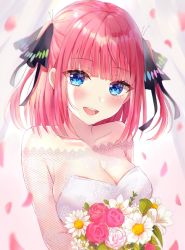 Rule 34 | 1girl, blue eyes, blunt bangs, blush, bouquet, breasts, butterfly hair ornament, cleavage, dress, floral print, flower, go-toubun no hanayome, hair ornament, highres, holding, holding bouquet, medium breasts, medium hair, nakano nino, off-shoulder dress, off shoulder, parum39, petals, pink flower, pink hair, pink rose, print dress, rose, rose print, round teeth, solo, teeth, two side up, upper teeth only, white dress, white flower