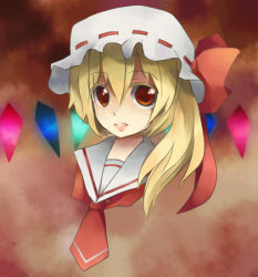 Rule 34 | 1girl, blush, crystal, female focus, flandre scarlet, hat, light smile, lips, looking at viewer, mob cap, red eyes, sato (pixiv56521), sato (sa10cho), side ponytail, solo, touhou, upper body, white hat, wings