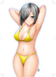 Rule 34 | 10s, 1girl, arms up, bikini, blue eyes, breasts, gradient background, hair ornament, hair over one eye, hairclip, hamakaze (kancolle), kantai collection, short hair, silver hair, solo, swimsuit, yoshida inuhito
