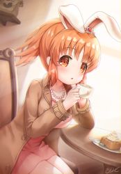 Rule 34 | 1girl, :o, abe nana, animal ears, arm support, breasts, brown coat, brown eyes, brown hair, cake, coat, collarbone, cup, dress, fake animal ears, food, headband, highres, idolmaster, idolmaster cinderella girls, idolmaster cinderella girls starlight stage, j2l, jewelry, large breasts, long sleeves, looking at viewer, necklace, open mouth, pearl necklace, pink dress, ponytail, rabbit ears, restaurant, short hair, sidelocks, sitting, solo, teacup, trench coat, window