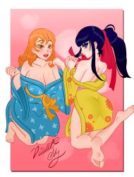 Rule 34 | 1boy, 1girl, ass, black hair, breasts, cleavage, highres, holding hands, huge ass, kikunojo (one piece), large breasts, nami (one piece), one piece, orange hair, red ribbon, ribbon, violetskyarts, wide hips