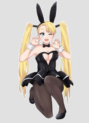 Rule 34 | 1girl, animal ears, asymmetrical bangs, bare shoulders, black bow, black bowtie, black dress, black footwear, blonde hair, blue eyes, blush, bow, bowtie, breasts, center opening, claw pose, cleavage, commentary request, dress, fake animal ears, fingernails, flats, full body, genjimarup, highres, long hair, medium breasts, no bra, no mask, nontraditional playboy bunny, one eye closed, on one knee, open mouth, rabbit ears, rainbow mika, solo, strapless, strapless dress, street fighter, street fighter v, twintails, upper body, very long hair, wrist cuffs