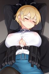 Rule 34 | 1girl, after paizuri, aftersex, arms up, belt, belt buckle, black jacket, blonde hair, blue skirt, blush, bound, bound arms, bound wrists, breasts, buckle, clenched teeth, closed eyes, cuffs, cum, cum on body, cum on breasts, cum on upper body, eyebrows, facing viewer, female focus, girls&#039; frontline, hair ornament, handcuffs, highres, jacket, large breasts, lips, long sleeves, lying, mole, mole under eye, narynn, on back, pantyhose, pencil skirt, shirt, shirt tucked in, short hair, skirt, snowflake hair ornament, solo, sweatdrop, teeth, underboob, vsk-94 (girls&#039; frontline), white shirt