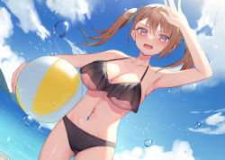 Rule 34 | 1girl, alexmaster, arm up, armpits, ball, bare arms, bare shoulders, beach, beachball, bikini, black bikini, breasts, brown hair, cleavage, cloud, cowboy shot, day, dutch angle, hair ornament, hair scrunchie, halterneck, halterneck, large breasts, long hair, looking at viewer, navel, navel piercing, open mouth, original, outdoors, piercing, pink eyes, revision, scrunchie, shading eyes, solo, stomach, string bikini, sunlight, swimsuit, thighs, twintails, underboob, wet