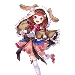 Rule 34 | 1girl, :d, animal ears, animal hood, arm up, black bow, blush, bow, bowtie, braid, breasts, brown hair, buttons, cloak, dress, facing viewer, fake animal ears, frills, front braid, full body, fur trim, hair ornament, hair over shoulder, hand up, happy, head tilt, high heels, hood, lace, lace-trimmed skirt, lace trim, leg lift, long hair, looking at viewer, manekohime wenzudei, miniskirt, official art, open mouth, outstretched arm, over-kneehighs, pink footwear, pink skirt, pleated skirt, pom pom (clothes), rabbit ears, rabbit hood, red bow, red bowtie, red eyes, red ribbon, ribbon, ribbon-trimmed legwear, ribbon trim, salute, shirt, shoes, simple background, skirt, small breasts, smile, solo, standing, standing on one leg, star (symbol), star hair ornament, thighhighs, twintails, uchi no hime-sama ga ichiban kawaii, wednesday (uchi no hime-sama), white background, white shirt, white thighhighs, zettai ryouiki