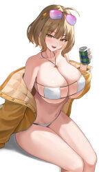 Rule 34 | 1girl, absurdres, anis (nikke), anis (sparkling summer) (nikke), bikini, breasts, brown eyes, brown hair, can, collarbone, drink can, goddess of victory: nikke, highres, holding, holding can, jewelry, kitin, large breasts, looking at viewer, navel, necklace, open mouth, simple background, sitting, smile, soda can, solo, star (symbol), star necklace, stomach, swimsuit, thighs, white background, white bikini