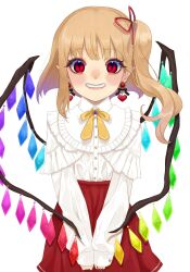 Rule 34 | 1girl, adapted costume, blush, crystal, drop earrings, earrings, flandre scarlet, flat chest, frills, grin, heart, heart earrings, highres, jewelry, looking at viewer, nail polish, no headwear, one side up, pointy ears, red eyes, red nails, red skirt, shirt, short hair with long locks, simple background, skirt, sleeves past wrists, slit pupils, smile, solo, star (symbol), star in eye, symbol in eye, teeth, touhou, user uztw4784, v arms, white background, white shirt, wings